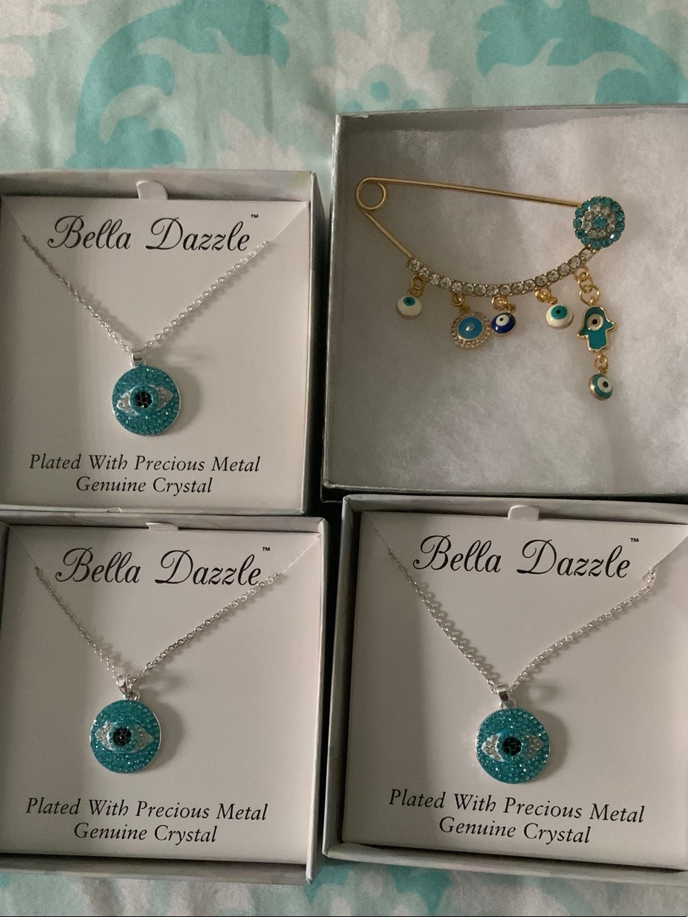 Bella D. Turquoise & Gold Evil Eye Necklace and Charm Pin Set (Layering Trio)